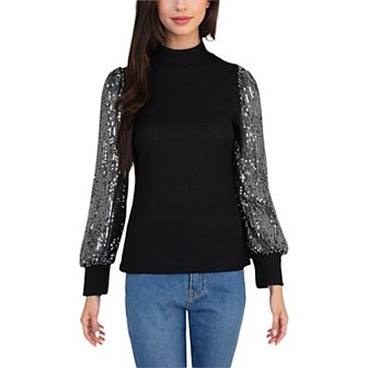 Women's Mock Neck Long Sleeve Top Sequin Detail Ribbed Knit Pullover