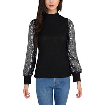 Women's Mock Neck Long Sleeve Top Sequin Detail Ribbed Knit Pullover