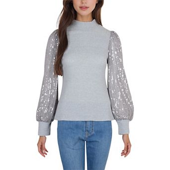 Women's Mock Neck Long Sleeve Top Sequin Detail Ribbed Knit Pullover