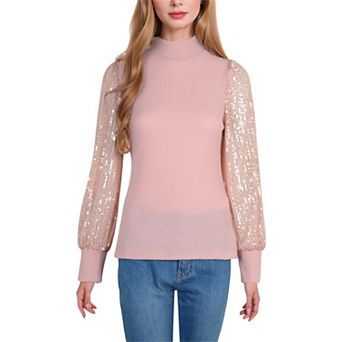 Women's Mock Neck Long Sleeve Top Sequin Detail Ribbed Knit Pullover