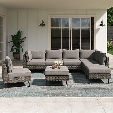 8 Piece Outdoor Sectional Sofa PE Rattan Patio Conversation Sets All Weather Furniture Set