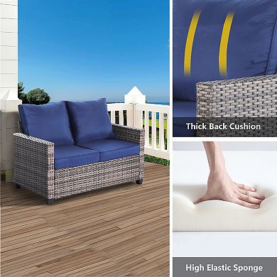 4 Piece Outdoor Conversation Set Modern Patio Furniture with Cushions and Wooden Coffee Table