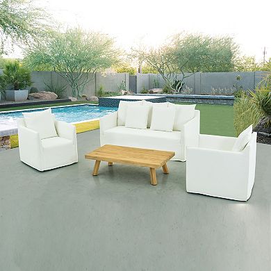 4 Piece Outdoor Conversation Set Modern Patio Furniture with Cushions and Wooden Coffee Table