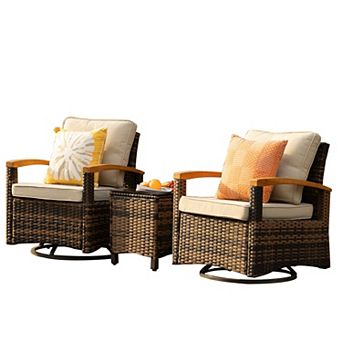 Decksplore 3 pc Outdoor Swivel Glider Set with 360° Swivel and Wood Arms Side Table for Garden
