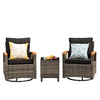 Decksplore 3 pc Outdoor Swivel Glider Set with 360° Swivel and Wood Arms Side Table for Garden