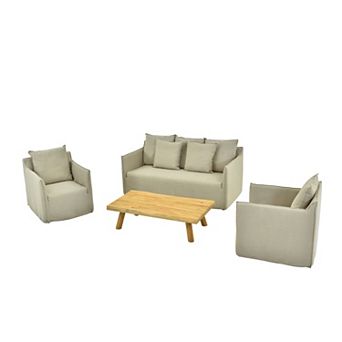 4 pc Outdoor Conversation Set Modern Patio Furniture with Cushions and Wooden Coffee Table