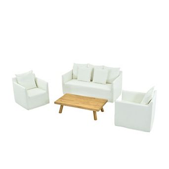 4 pc Outdoor Conversation Set Modern Patio Furniture with Cushions and Wooden Coffee Table