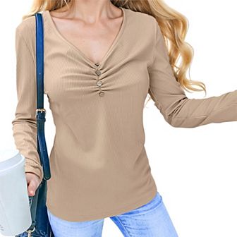 Women's Solid Color Long Sleeve V-Neck T-Shirt Tops