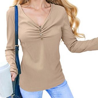 Women's Solid Color Long Sleeve V-Neck T-Shirt Tops