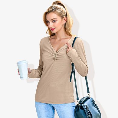 Women's Solid Color Long Sleeve V-Neck T-Shirt Tops