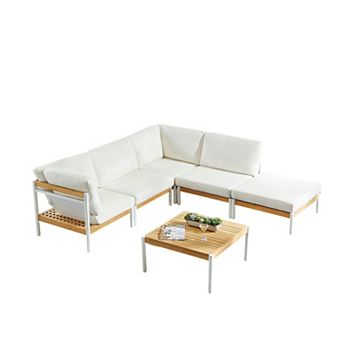 6 pc Outdoor Sectional Set Modern Patio Furniture with White Cushions and Teak Wood