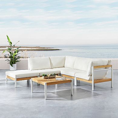 6 Piece Outdoor Sectional Set Modern Patio Furniture with White Cushions and Teak Wood