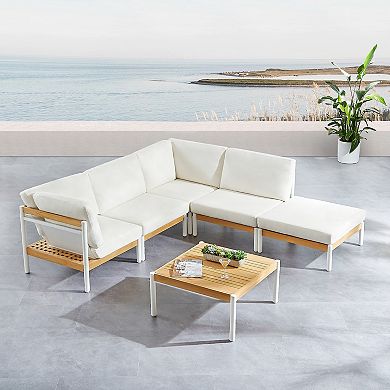 6 Piece Outdoor Sectional Set Modern Patio Furniture with White Cushions and Teak Wood