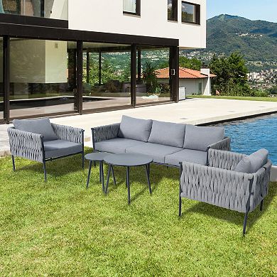 Rope Weave Chat Set - 3-Piece Outdoor Conversation Sofa & Chair Combo w/Glass Table​​