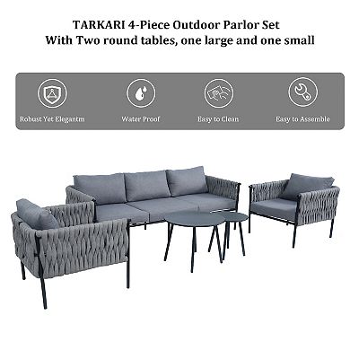 Rope Weave Chat Set - 3-Piece Outdoor Conversation Sofa & Chair Combo w/Glass Table​​