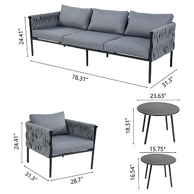 Rope Weave Chat Set - 3-Piece Outdoor Conversation Sofa & Chair Combo w/Glass Table​​