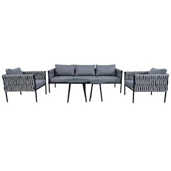 Rope Weave Chat Set - 3 pc Outdoor Conversation Sofa & Chair Combo w/Glass Table​​