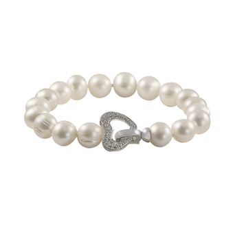 PearLustre by Imperial Sterling Silver 1/10 ct T.W. Diamond and Freshwater Cultured Pearl Heart Bracelet