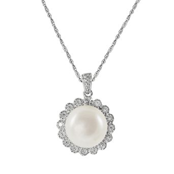 PearLustre by Imperial Sterling Silver Freshwater Cultured Pearl and Diamond Accent Floral Pendant