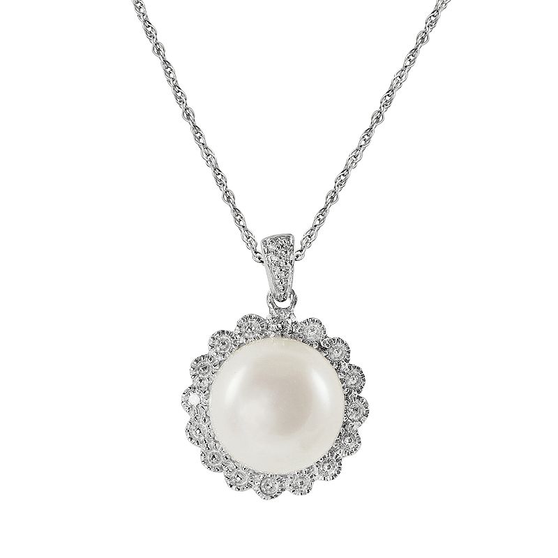 Sterling Silver Freshwater Cultured Pearl and Diamond Accent Floral Pendan