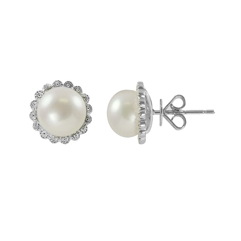 Sterling Silver Freshwater Cultured Pearl and Diamond Accent Flower Stud Ea