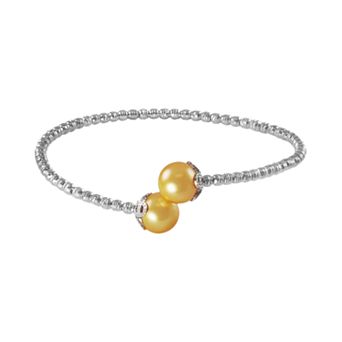 Sterling Silver and Stainless Steel Golden South Sea Cultured Pearl Bead Cuff Bracelet
