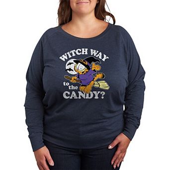 Plus Size Garfield Witch Way To The Candy? Halloween French Terry Long Sleeve Tee
