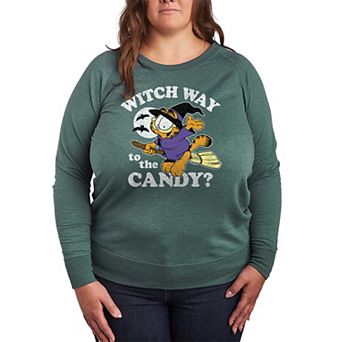 Plus Size Garfield Witch Way To The Candy? Halloween French Terry Long Sleeve Tee
