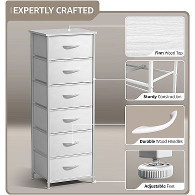 Sorbus Narrow 6 Drawers Dresser with Steel Frame, Wood Top, Fabric Bins for Home, Bedroom, Office