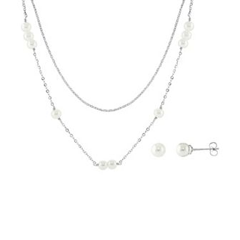 Brilliance Simulated Pearl Stud Earring & Double Layer Necklace Set