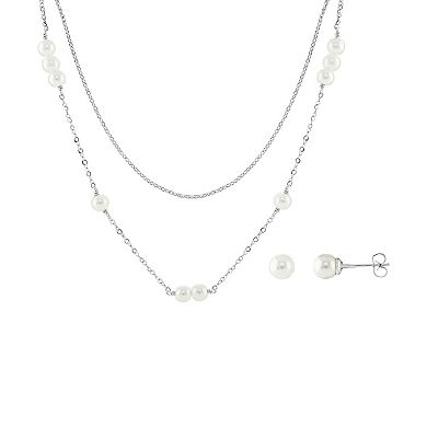 Brilliance Simulated Pearl Stud Earring & Double Layer Necklace Set