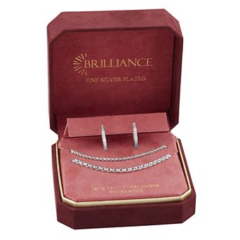 Brilliance 2 pc Fine Silver Plated Crystal Hoop Earring & Rolo Necklace Set