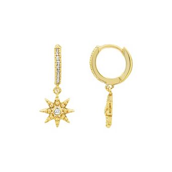 PRIMROSE 14k Gold Flash Plated Cubic Zirconia Huggie Hoop Starburst Drop Earrings