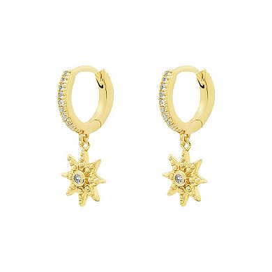 PRIMROSE 14k Gold Flash Plated Cubic Zirconia Huggie Hoop Starburst Drop Earrings