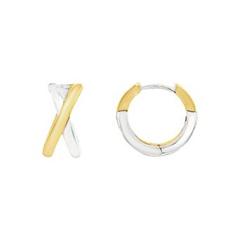 PRIMROSE Fine Silver-Plated & 14k Gold Flash Plated Polished Crossover Hoop Earrings