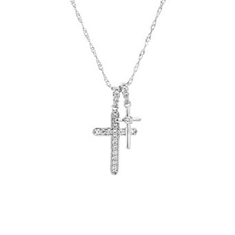 PRIMROSE Silver-Plated Cubic Zirconia Double Cross Pendant Necklace