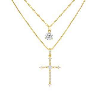 PRIMROSE Silver-Plated Cubic Zirconia Cross Pendant & Round Necklace