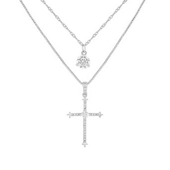 PRIMROSE Silver-Plated Cubic Zirconia Cross Pendant & Round Necklace