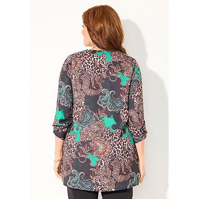 Catherines Women's Plus Size Chain Lace-Up V-Neck Tunic Blouse