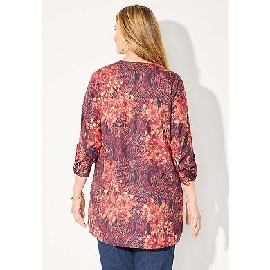 Catherines Women's Plus Size Petite Chain Lace-Up V-Neck Tunic Blouse