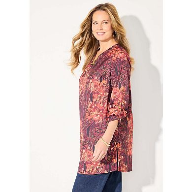 Catherines Women's Plus Size Petite Chain Lace-Up V-Neck Tunic Blouse