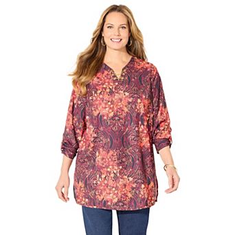 Catherines Women's Plus Size Petite Chain Lace-Up V-Neck Tunic Blouse