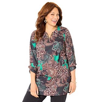 Catherines Women's Plus Size Chain Lace-Up V-Neck Tunic Blouse