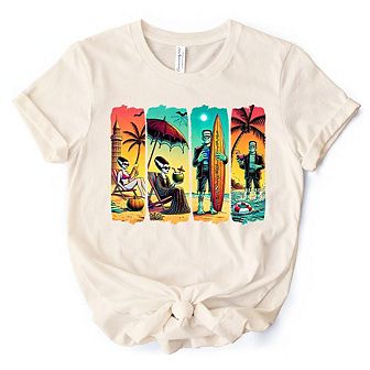 Frankenstein's Beach Vacation T-Shirt, Retro Neon Surf Style Tee for Horror Fans with Summer Vibes