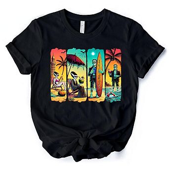 Frankenstein's Beach Vacation T-Shirt, Retro Neon Surf Style Tee for Horror Fans with Summer Vibes