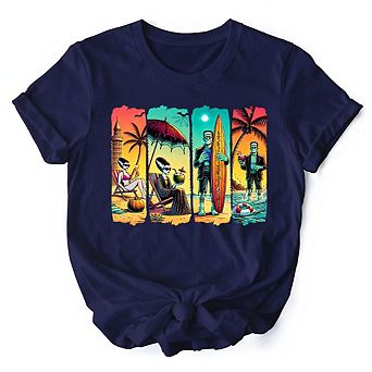 Frankenstein's Beach Vacation T-Shirt, Retro Neon Surf Style Tee for Horror Fans with Summer Vibes