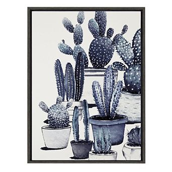 Sylvie Blue Potted Cacti Framed Canvas
