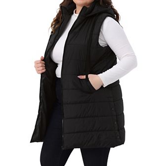Women's Plus Size Long Puffer Vest Hooded Zip Up Sleeveless Casual Quilted Jacket with Pockets