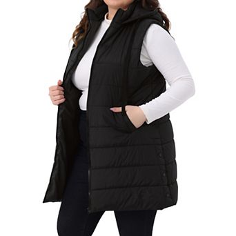 Women's Plus Size Long Puffer Vest Hooded Zip Up Sleeveless Casual Quilted Jacket with Pockets