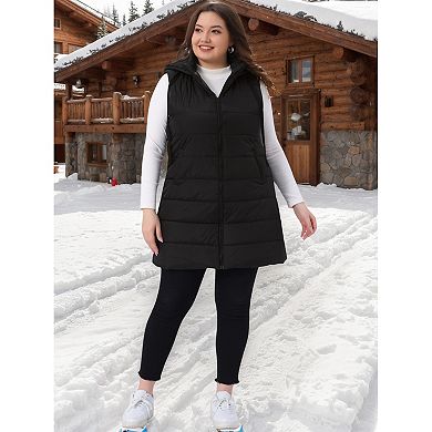 Women's Plus Size Quilted Long Vest Hooded Zip Up Sleeveless Puffer Jacket with Pockets
